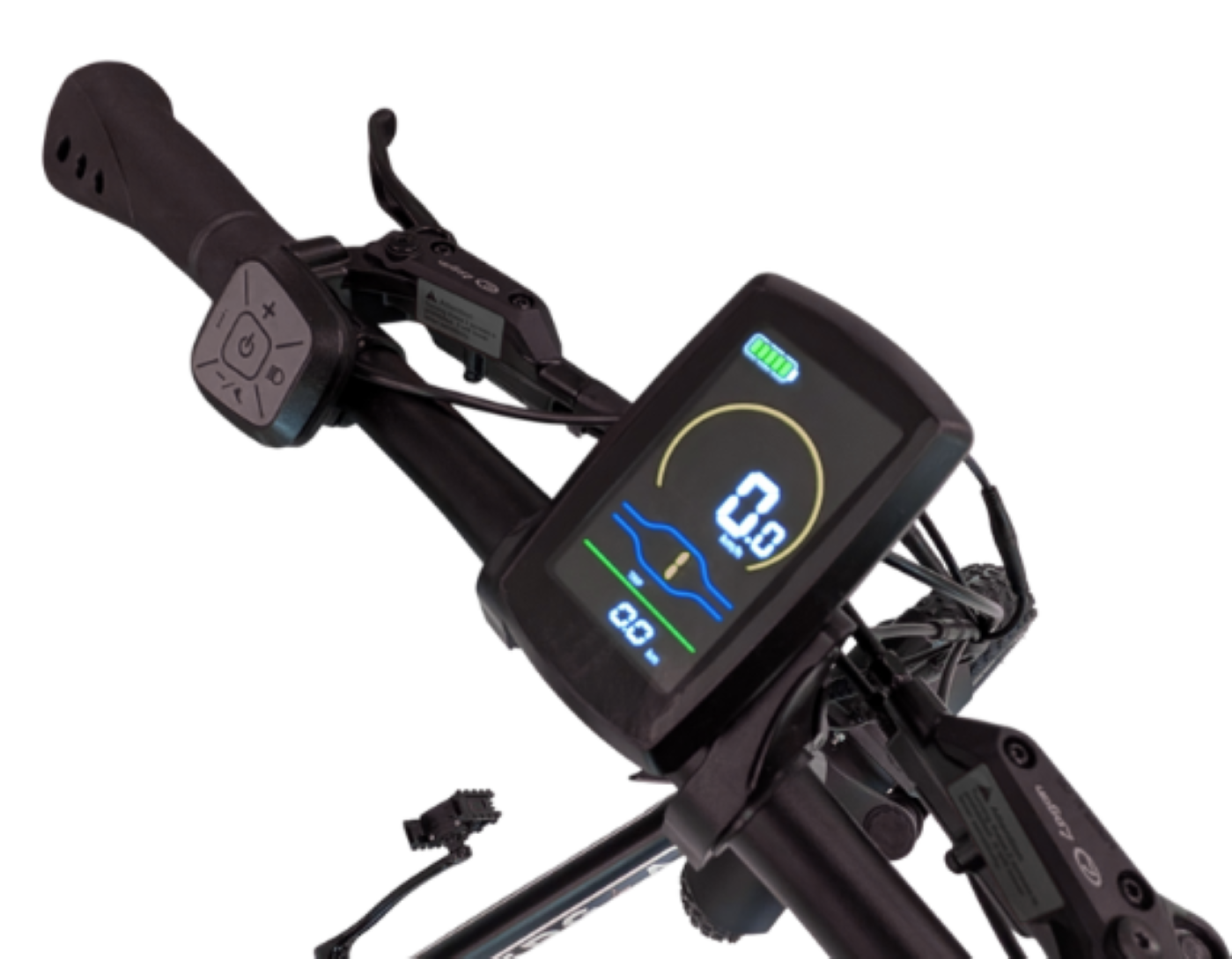 Primo piano del manubrio di un e-scooter. Il display LCD mostra 0,0, stato della batteria. Comandi e leva del freno visibili. Il nero domina.