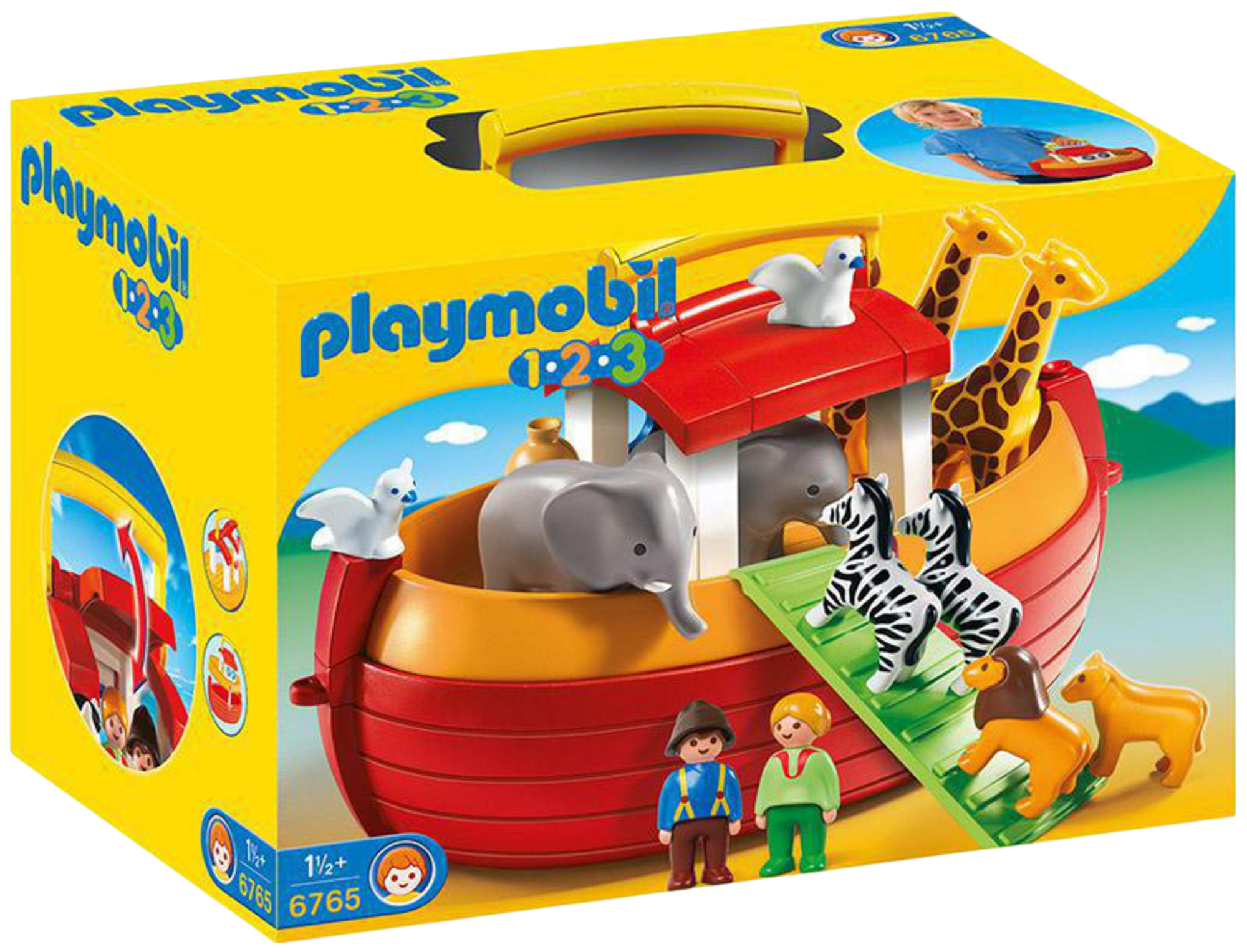 Ein Playmobil-Spielzeugset der Arche Noah mit Tieren wie Giraffen, Zebras, Löwen und zwei menschlichen Figuren.