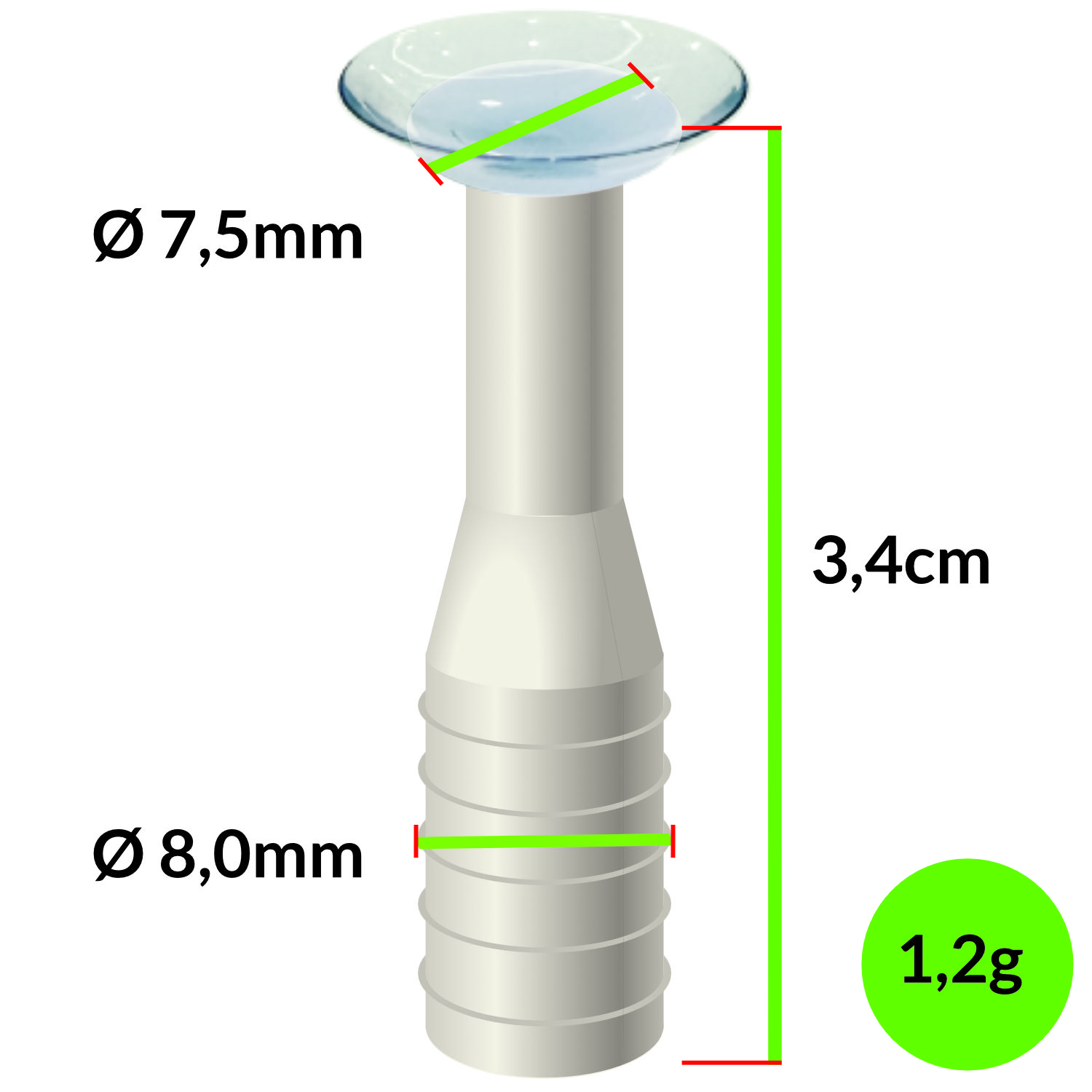 Diagramm eines weißen medizinischen Geräts mit Abmessungen. Oben befindet sich eine transparente Scheibe. Maße: 7,5 mm, 8,0 mm und 3,4 cm. Ein grüner Kreis zeigt 1,2 g.