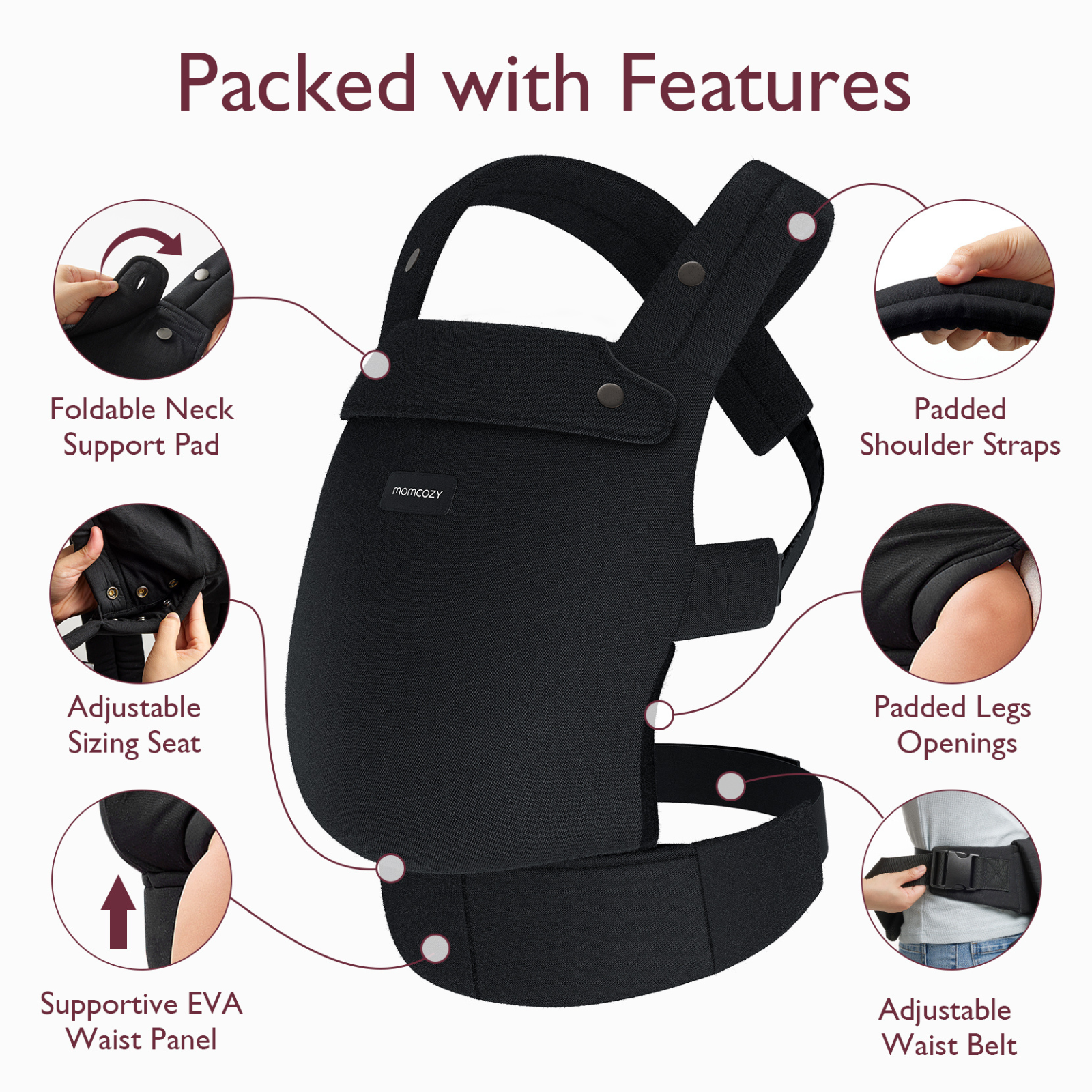 Black baby carrier with features like a foldable neck pad, padded straps, adjustable seat, waist belt and leg openings.