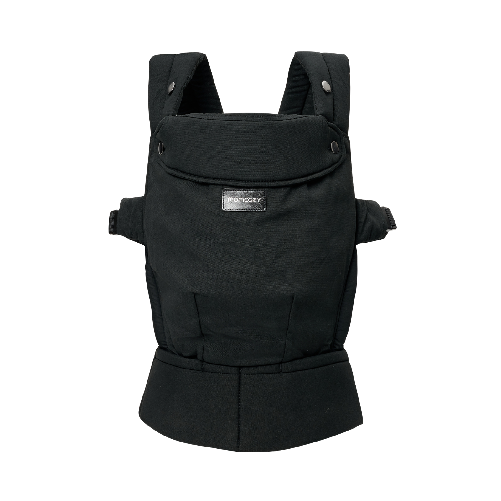 A black Momcozy baby carrier with adjustable straps and buckles. It has a padded headrest and waist support.