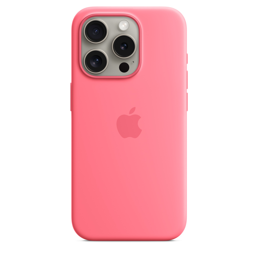 Een roze iPhone-hoesje met drie cameralenzen en een Apple-logo wordt getoond op een witte achtergrond. De hoes is glad.