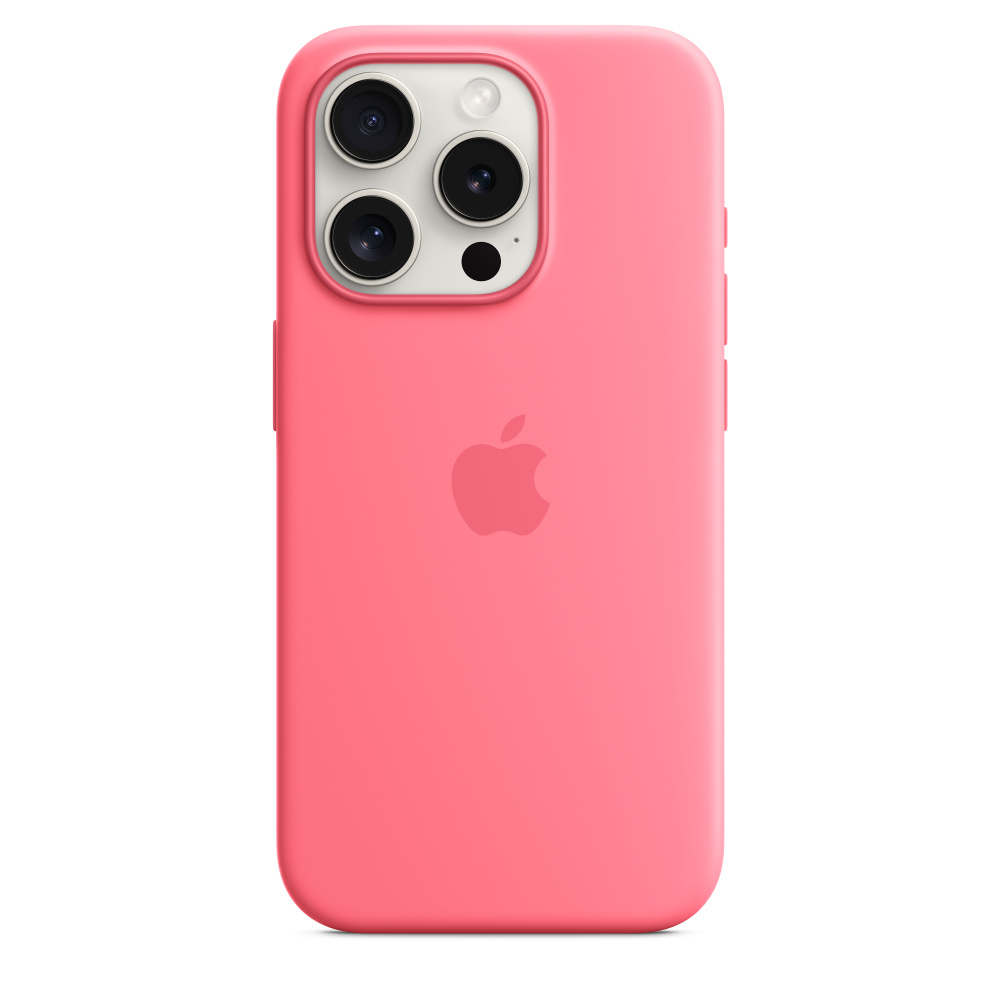 Roze iPhone-hoesje. De hoes heeft een Apple-logo, drie cameralenzen en een flitser. De achtergrond is wit.