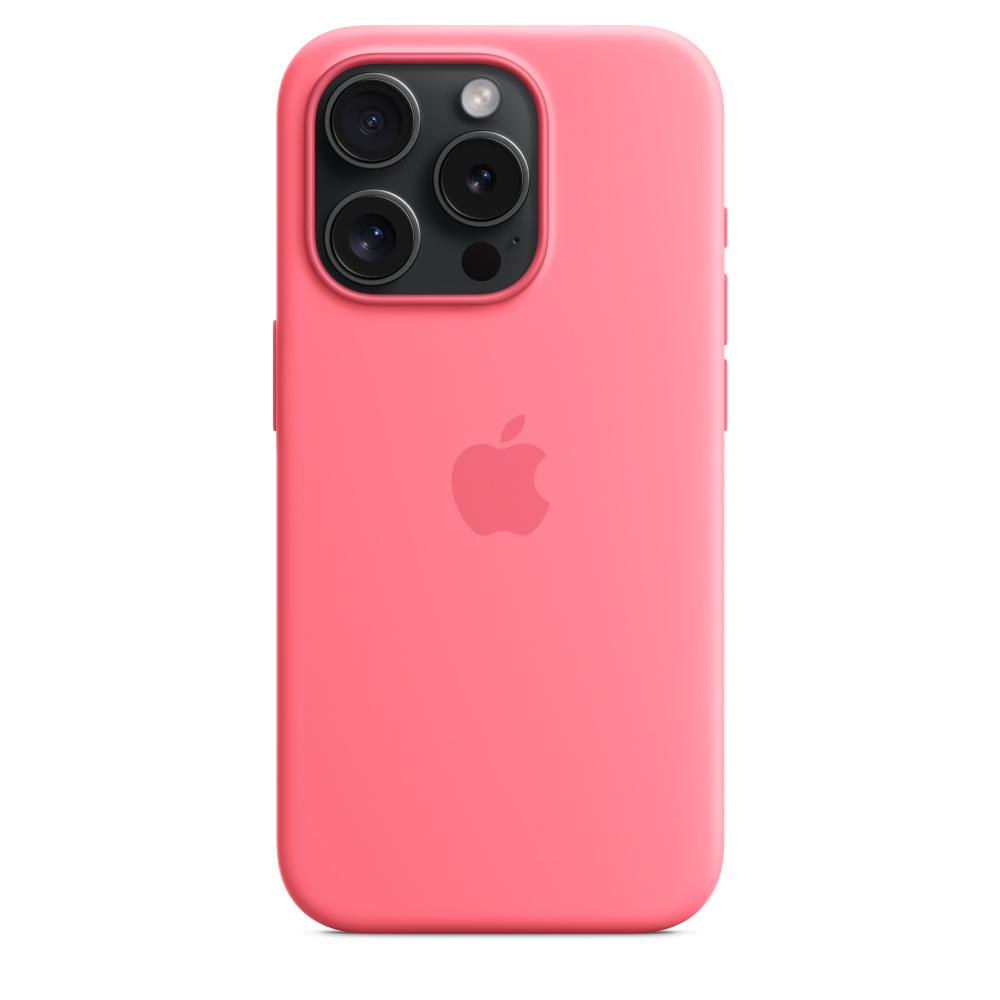 Een roze iPhone-hoesje met drie cameralenzen en een Apple-logo. De hoes bedekt de telefoon.