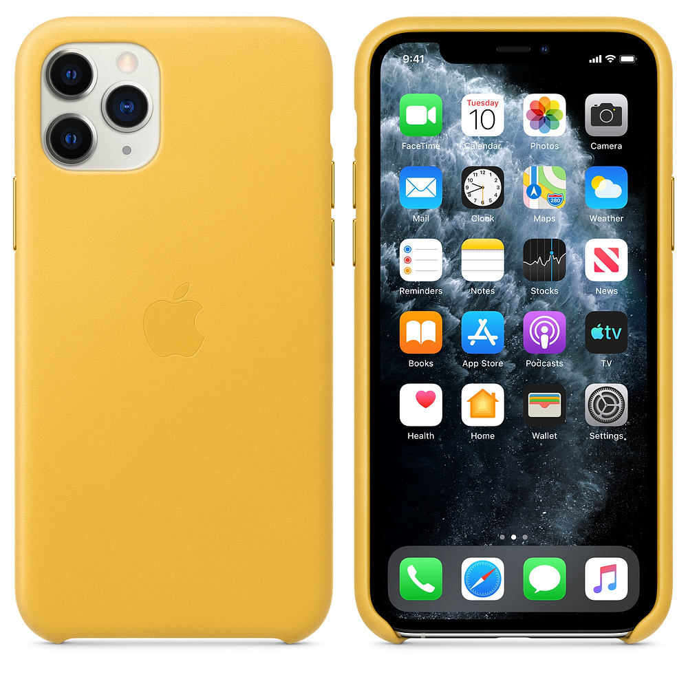 A yellow iPhone 11 Pro with its screen on showing app icons. The phone is in a yellow case. The background is white.