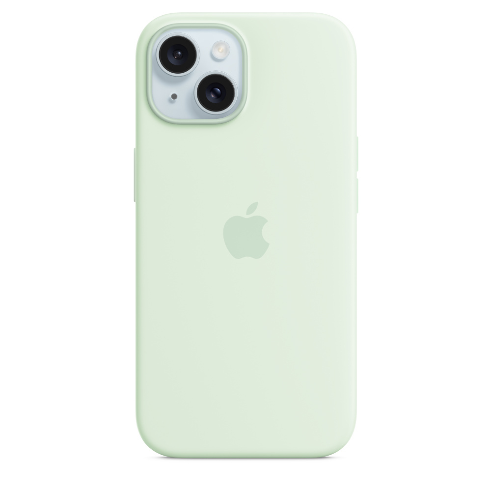 Ein hellgrünes iPhone mit Hülle. Das Apple-Logo ist sichtbar. Oben befinden sich zwei Kameralinsen.