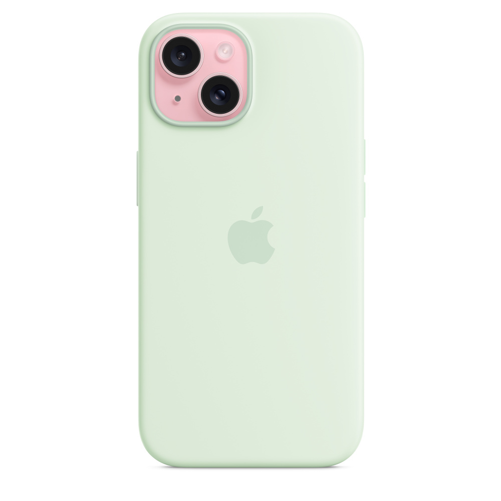 Ein mintgrünes iPhone mit einem rosafarbenen Kameramodul. Das Apple-Logo befindet sich in der Mitte. Der Hintergrund ist weiß.