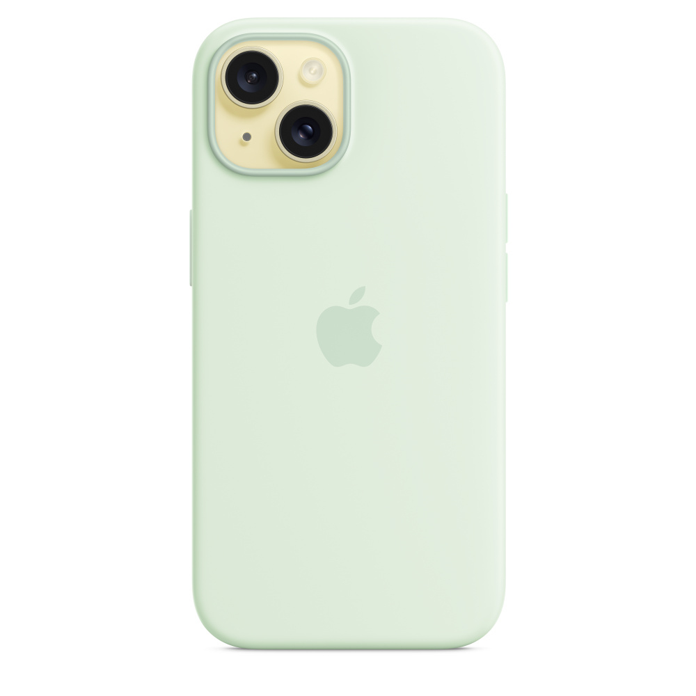 Ein mintgrünes iPhone mit zwei Kameralinsen. Das Apple-Logo befindet sich auf der Rückseite des Telefons.