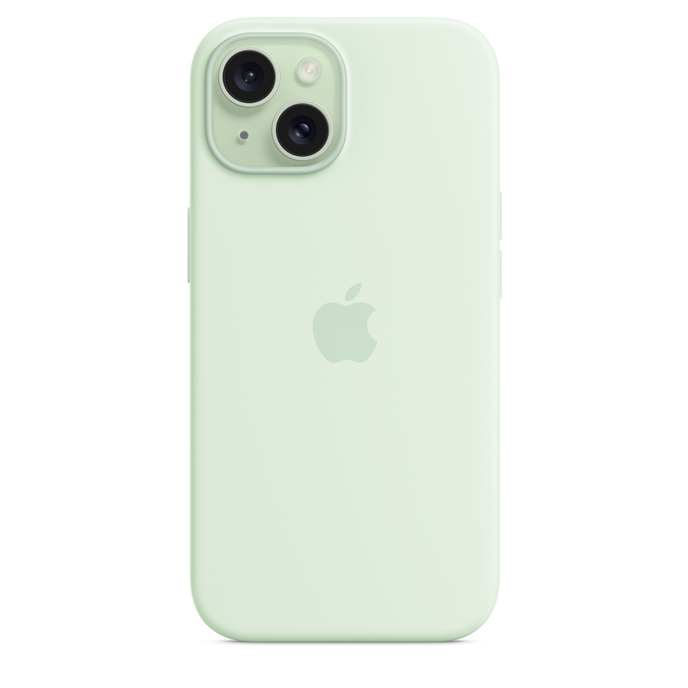 Ein hellgrünes iPhone mit zwei Kameralinsen, Blitz und Apple-Logo auf der Rückseite, isoliert auf weißem Hintergrund.