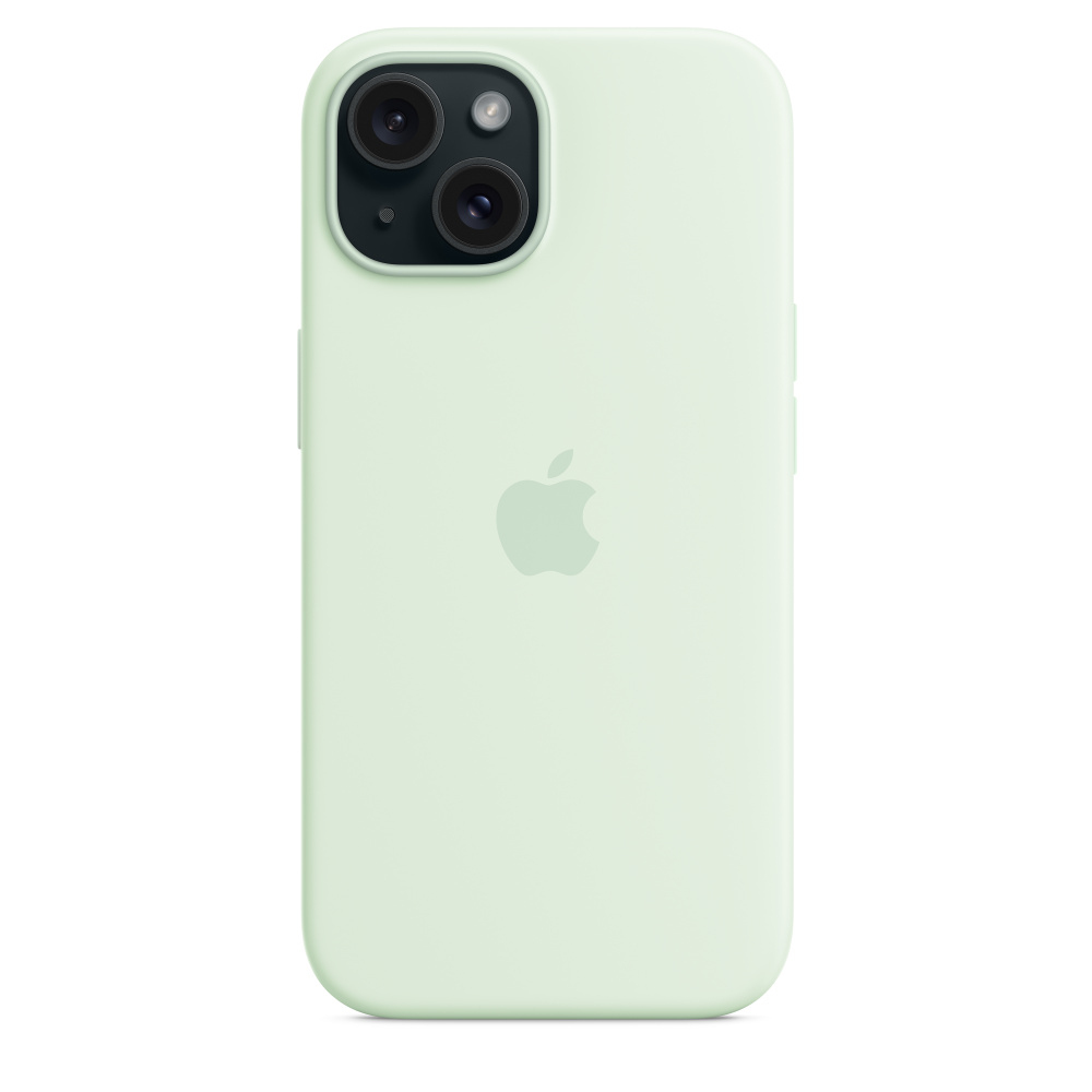 Ein mintgrünes iPhone mit Dual-Kamera und Apple-Logo. Das Telefon befindet sich in einer Schutzhülle vor weißem Hintergrund.