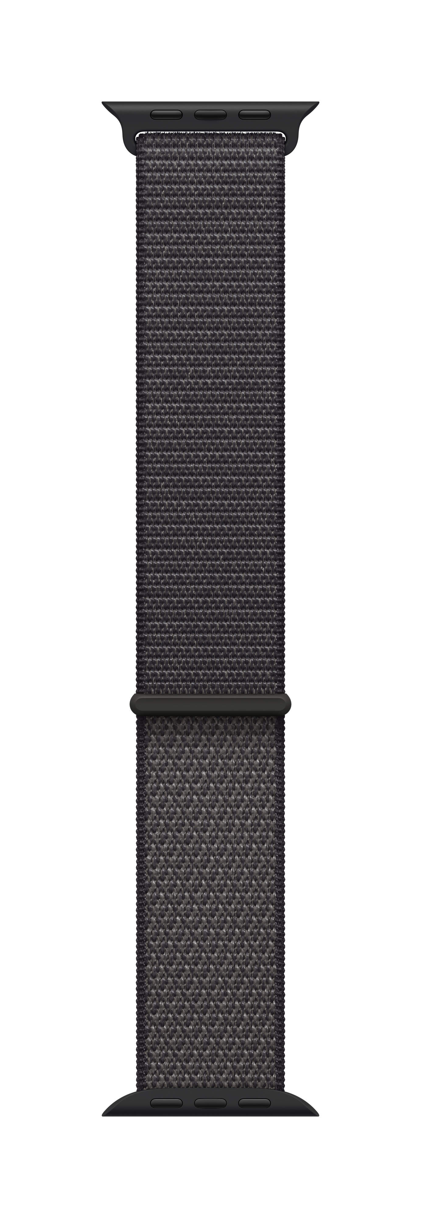 Correa de Apple Watch gris oscuro con diseño de nailon tejido. Tiene conectores y hebilla negros.