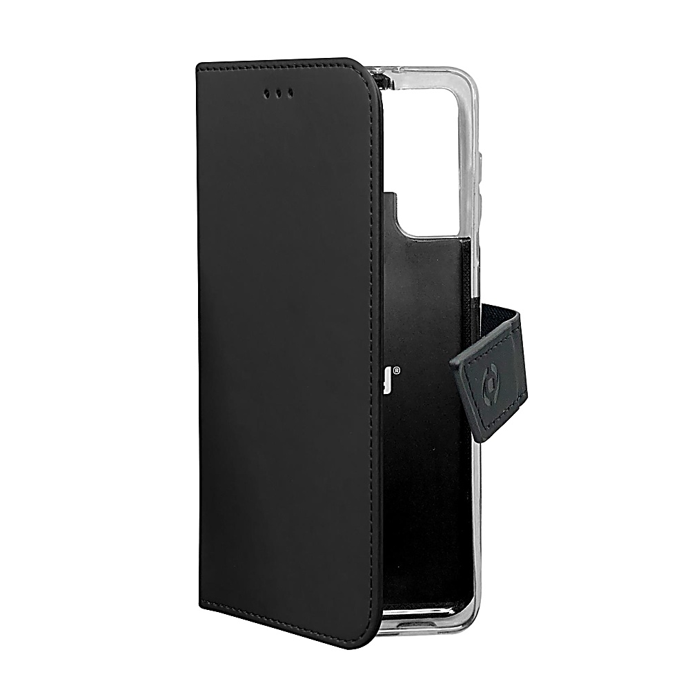 Custodia per telefono in pelle nera, parzialmente aperta, che rivela una custodia trasparente. È visibile un cinturino con un logo.