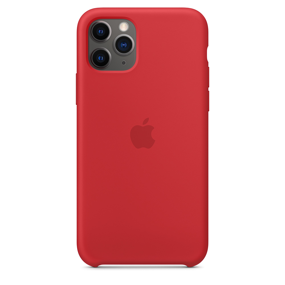 Een rode iPhone 11 Pro case met het Apple-logo. Het heeft drie camera's en een flitser linksboven. De achtergrond is wit.