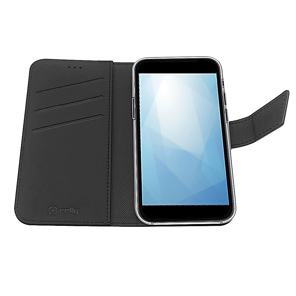 Smartphone nero in custodia di pelle nera, aperto. Lo schermo mostra un design astratto blu.