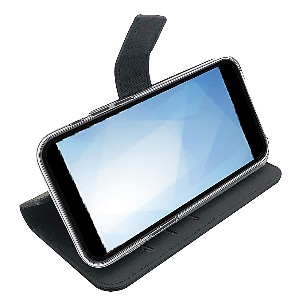 Uno smartphone in una custodia a portafoglio nera è visualizzato. Lo schermo è visibile, mostrando una sfumatura blu chiaro. La custodia ha una chiusura a linguetta.