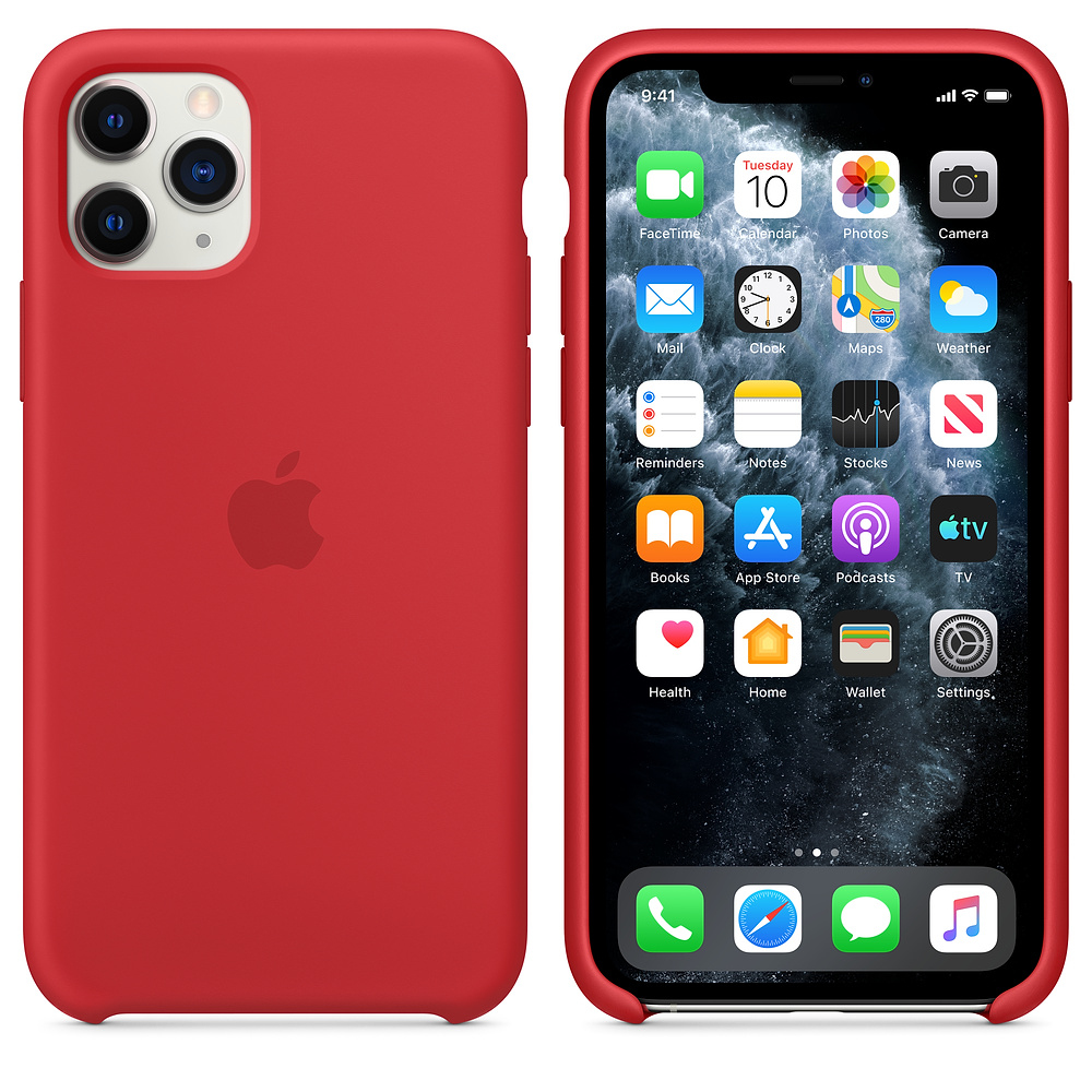 Rode iPhone 11 Pro met hoesje. Het scherm toont app-iconen: FaceTime, Agenda, Mail, Klok, Kaarten, etc. Apple-logo zichtbaar.