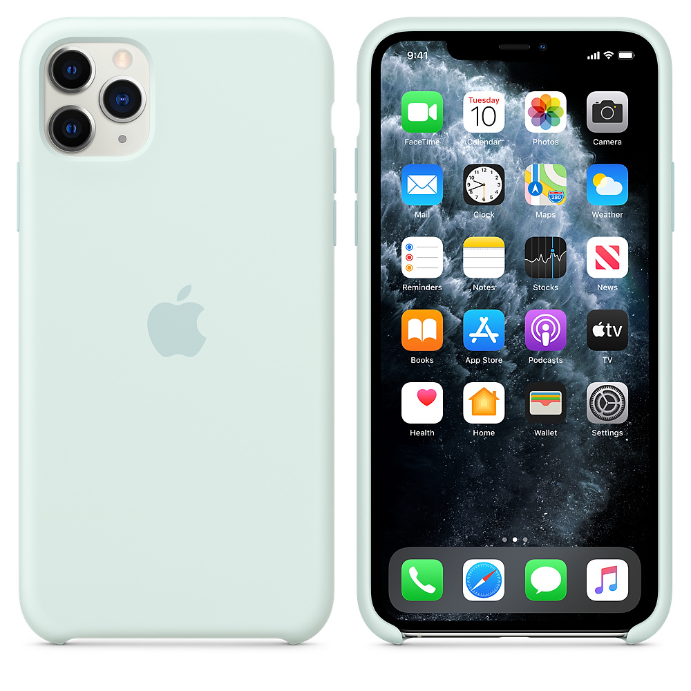 Een mintgroene iPhone met het scherm waarop verschillende app-pictogrammen worden weergegeven. De telefoon zit in een bijpassende mintgroene hoes.