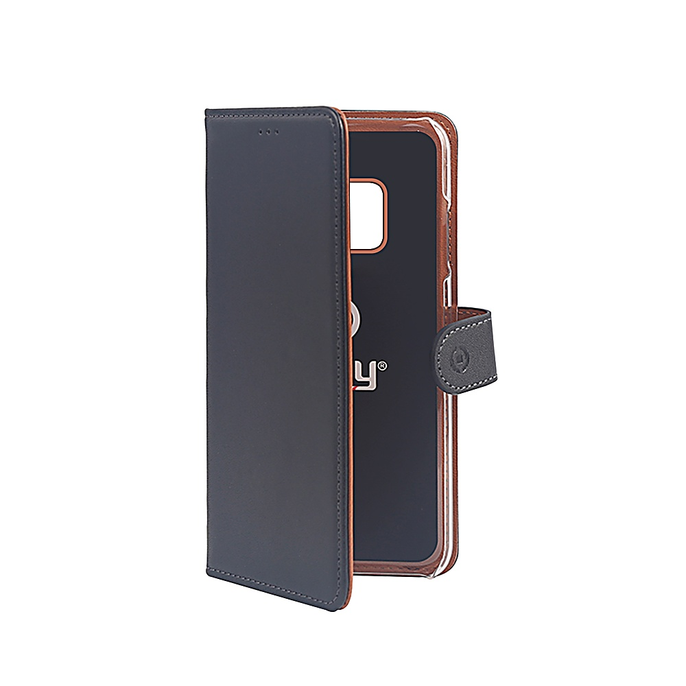 Una custodia per telefono blu scuro aperta, che rivela uno schermo nero. La custodia ha un bordo marrone e una chiusura magnetica.