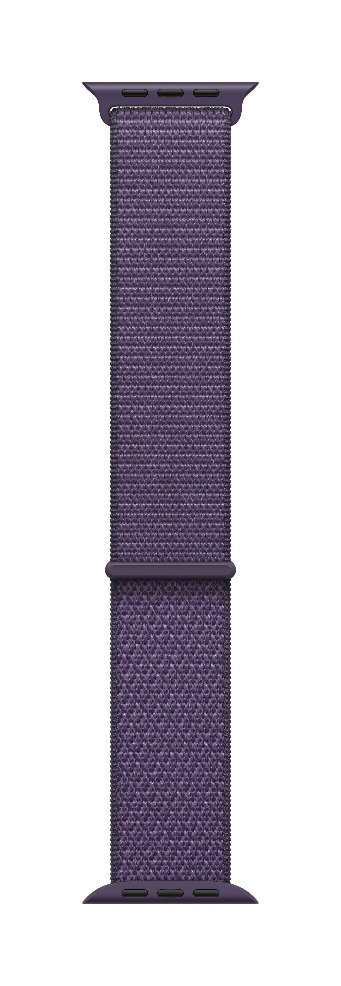 Primo piano di un cinturino viola per Apple Watch. Il cinturino è in tessuto. Lo sfondo è bianco.