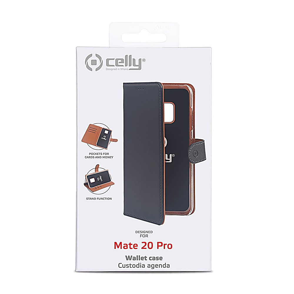 Una scatola per custodia del telefono con una custodia a portafoglio nera e marrone. Ha il logo Celly e testo per Mate 20 Pro. Mostra anche tasche e supporto.