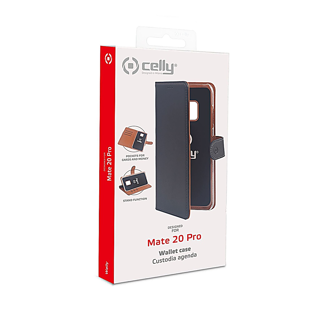 Una scatola per custodia per telefono con una custodia a portafoglio nera. Il testo sulla scatola include 'Mate 20 Pro' e il marchio 'celly'.