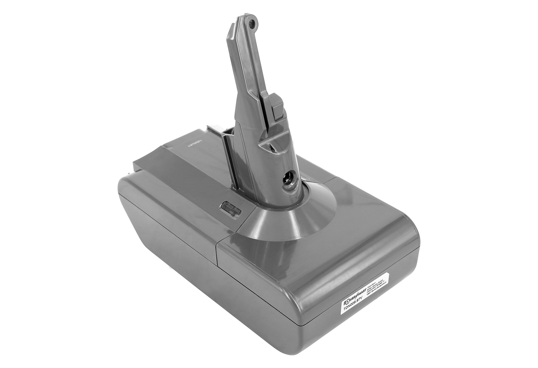 Ein grauer Dyson-Akkupack auf weißem Hintergrund. Es hat einen Griff. Auf dem Etikett steht 'ROWER/MART TDN009.87V'.
