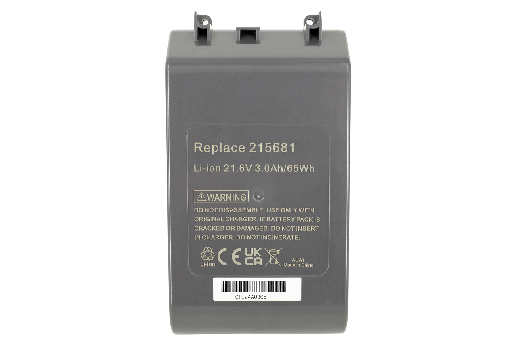 Grauer Akku mit Text: 'Replace 215681, Li-ion 21.6V 3.0Ah/65Wh'. Enthält Sicherheitshinweise und Zertifizierungen.