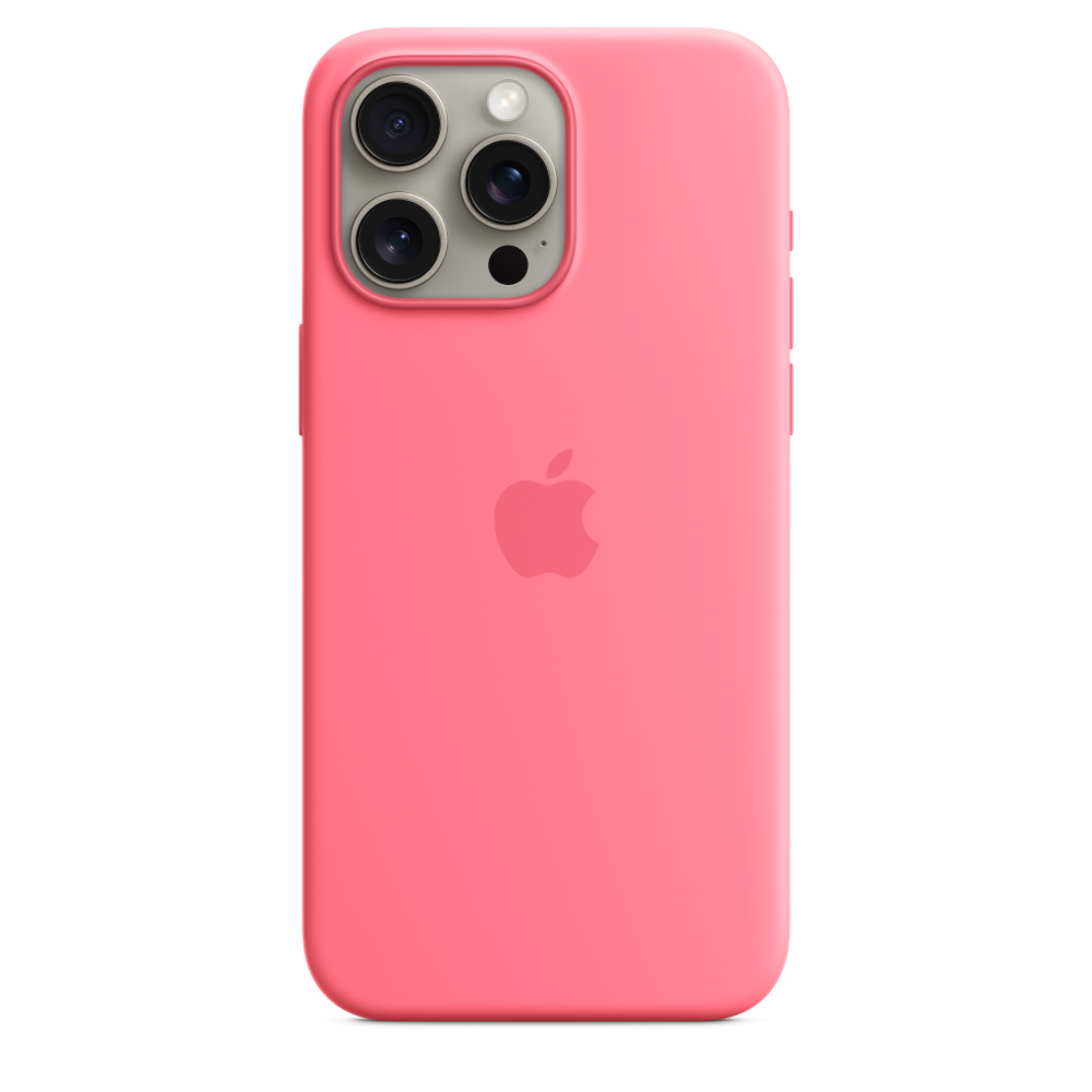 Een roze iPhone-hoesje met drie cameralenzen en een Apple-logo. De hoes heeft een effen, levendige roze kleur.