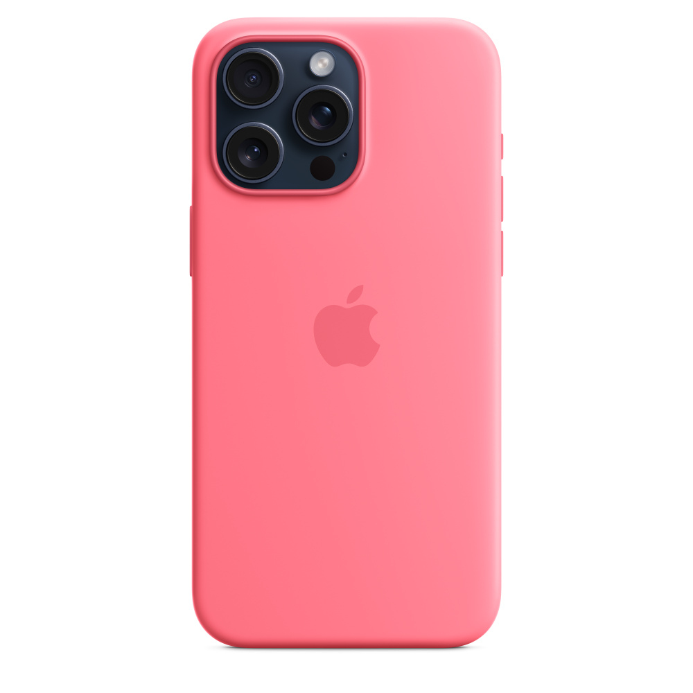 Een roze iPhone-hoesje met drie cameralenzen en een Apple-logo wordt getoond op een witte achtergrond.