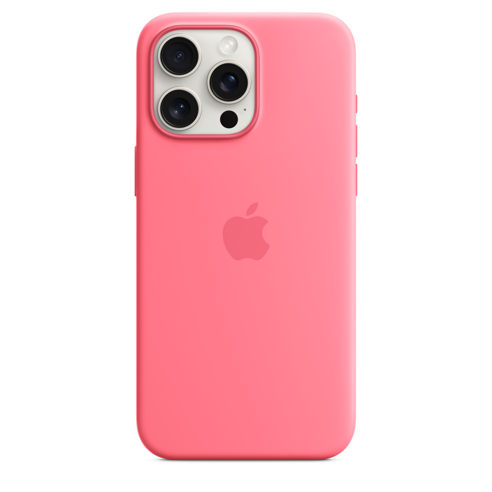 Een roze iPhone-hoesje met drie cameralenzen en een Apple-logo. De hoes heeft een effen kleur en bedekt de achterkant van de telefoon.
