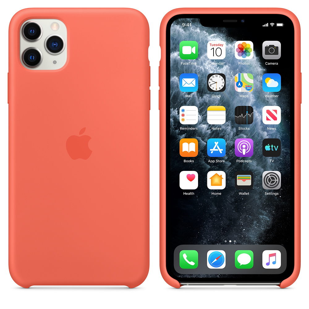 Un iPhone 11 Pro dans un étui corail. L'écran affiche des icônes d'applications. À gauche, l'arrière du téléphone avec le logo Apple est visible.