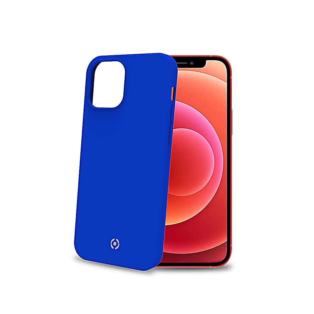 Custodia blu per telefono accanto a un iPhone rosso. La custodia ha un ritaglio per la fotocamera e un logo. Lo schermo mostra una sfumatura.