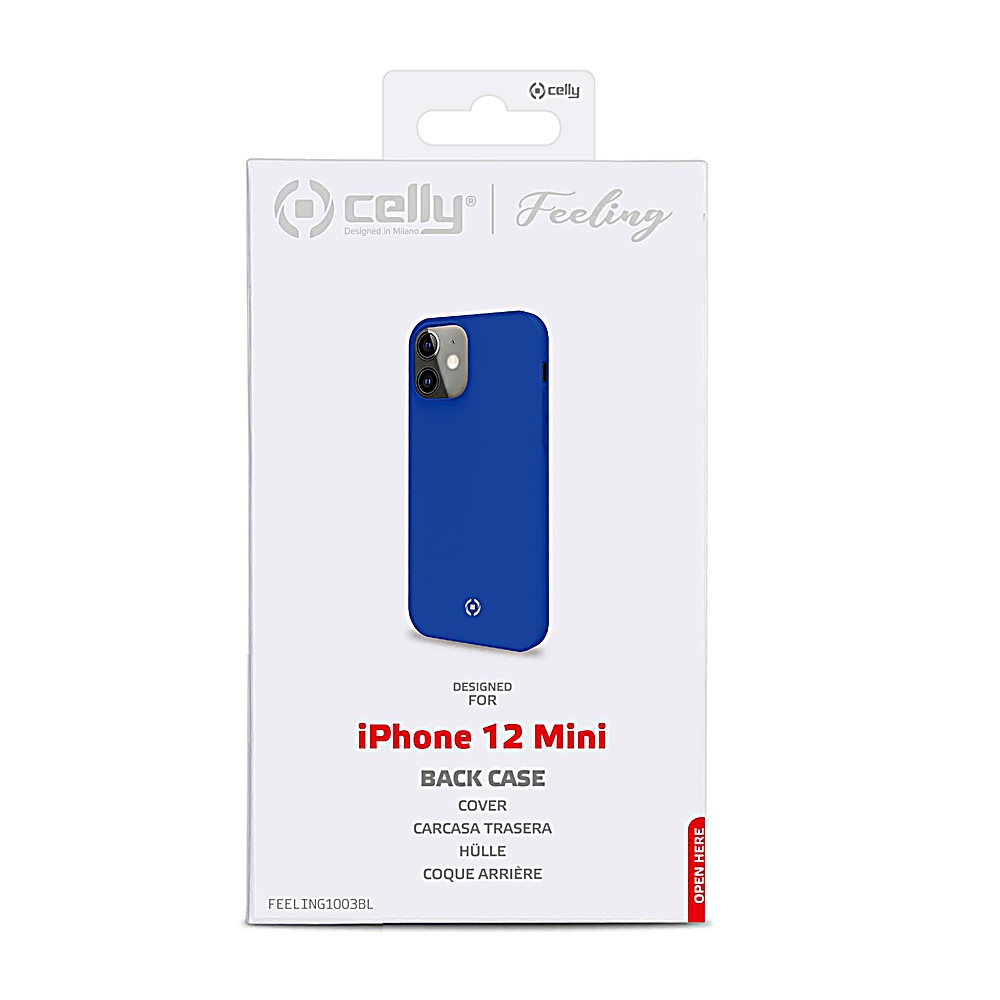 Una cover posteriore blu per iPhone 12 Mini nella sua confezione bianca. La confezione ha il logo 'celly' e i dettagli del prodotto.
