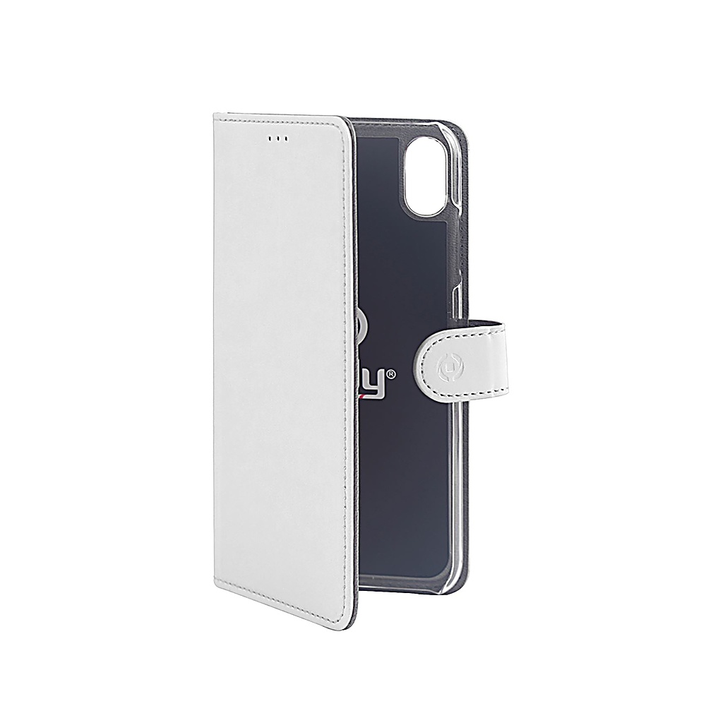 Una custodia bianca per telefono è aperta, rivelando un telefono nero. La custodia ha una chiusura magnetica.