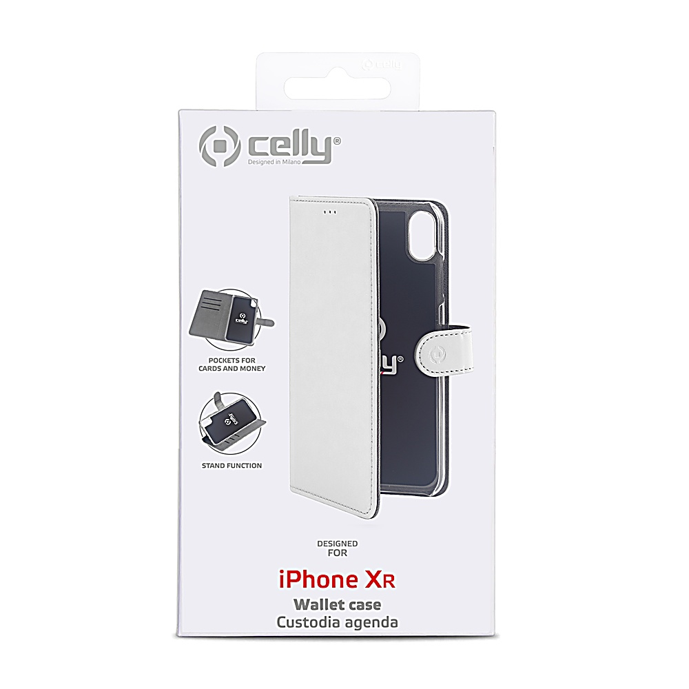 Una custodia a portafoglio bianca e nera per iPhone XR nella sua scatola. La scatola presenta il marchio "celly" e illustrazioni che mostrano tasche per carte e funzione stand.