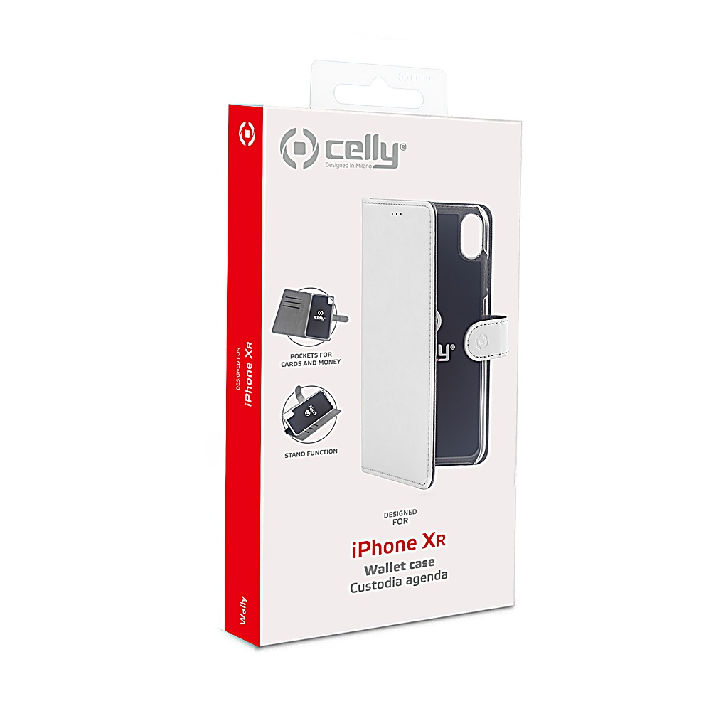 Una custodia a portafoglio bianca per iPhone XR sulla confezione. La confezione mostra la custodia, le caratteristiche e il logo Celly.