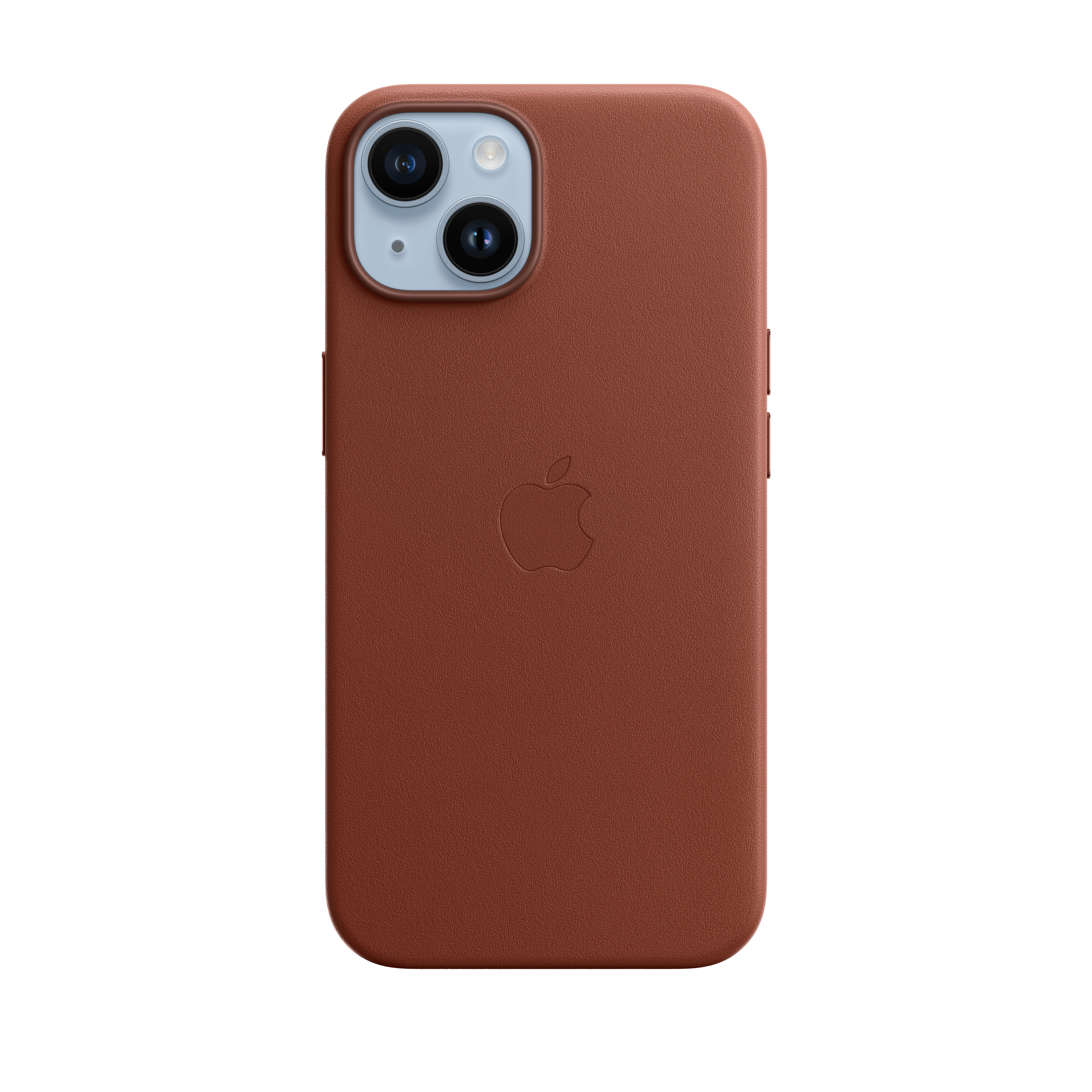Una custodia per telefono in pelle marrone con due fotocamere, un flash e un logo Apple su sfondo bianco.