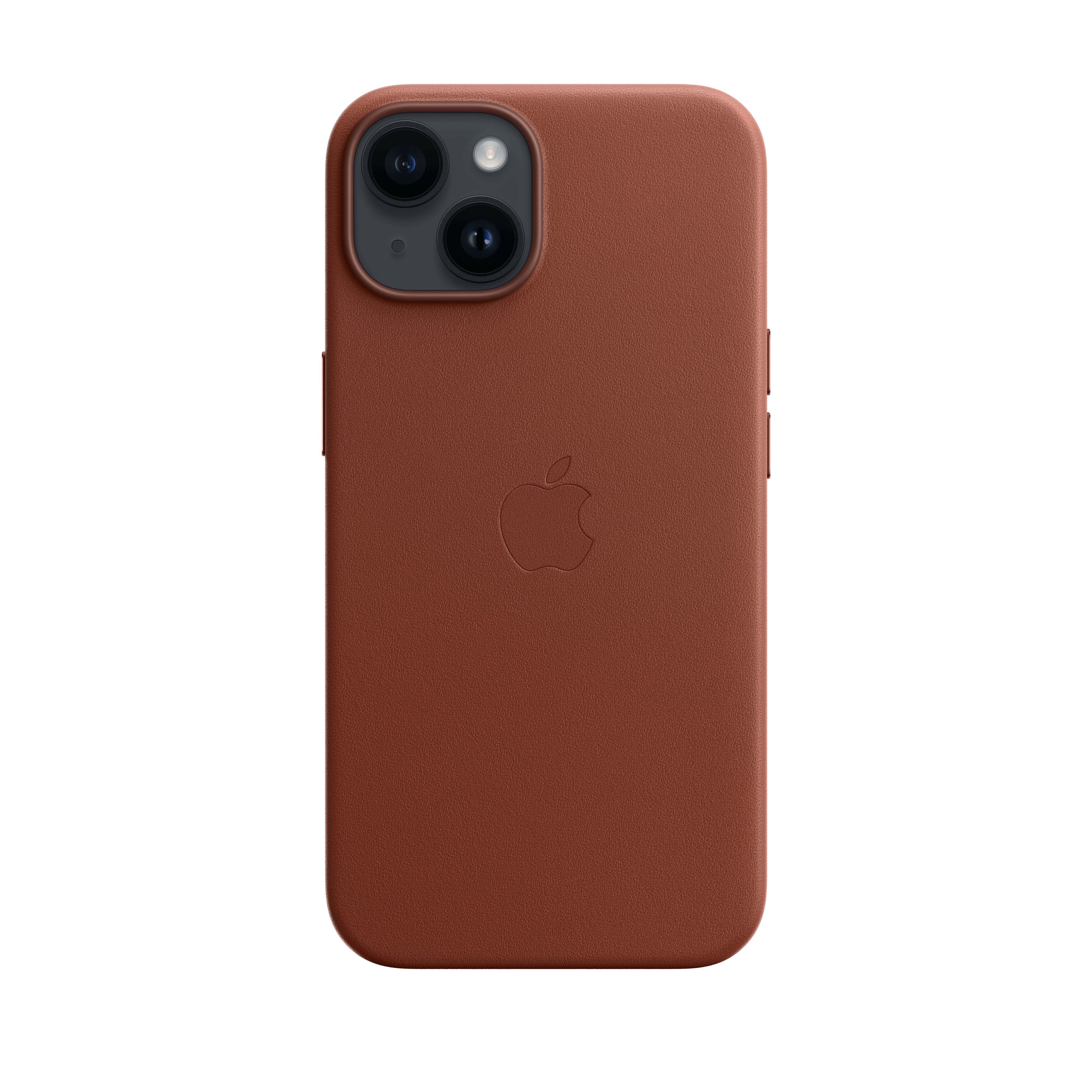 Una custodia per iPhone in pelle marrone. Presenta lenti della fotocamera, pulsanti e un logo Apple.