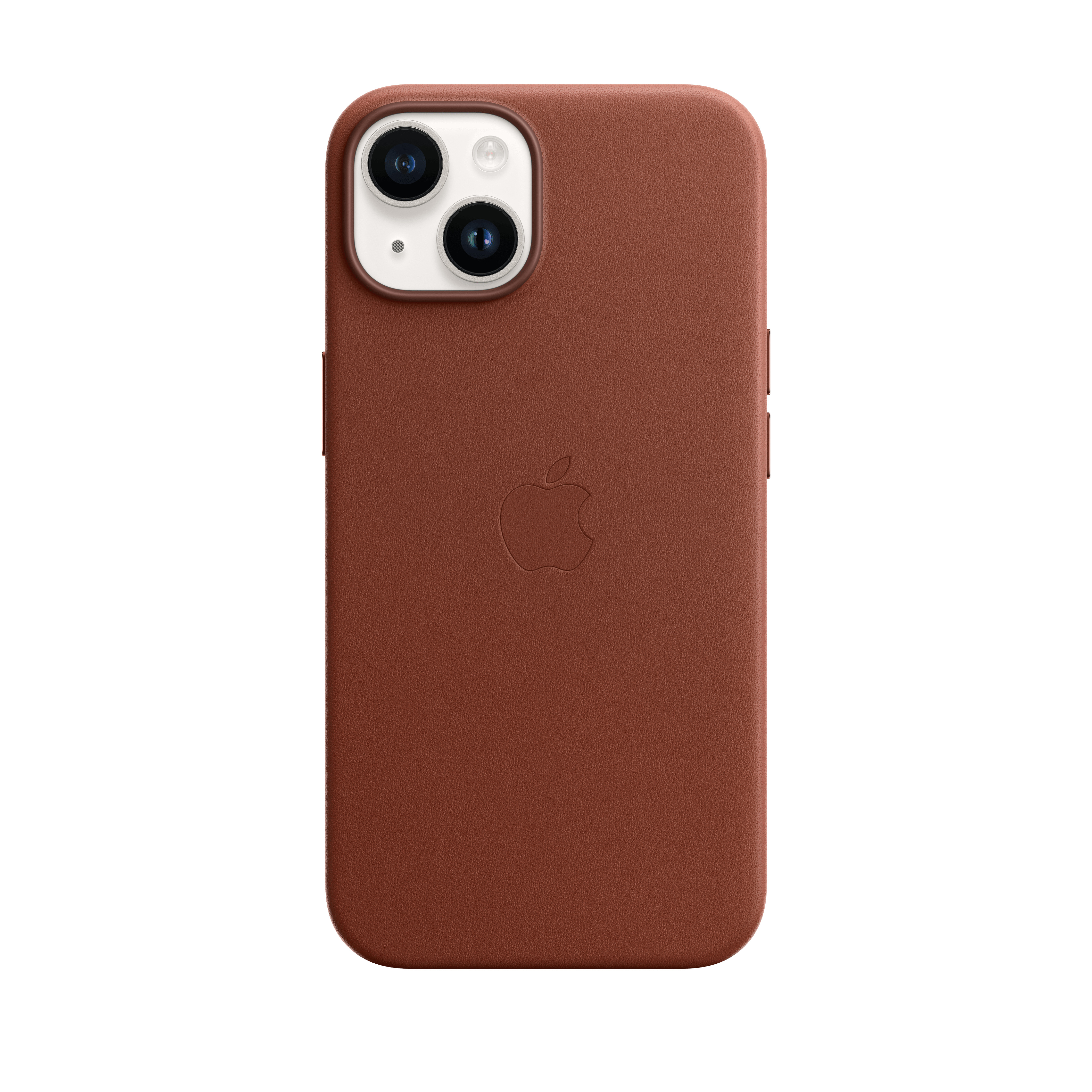 Una custodia per telefono in pelle marrone con doppie lenti della fotocamera, flash e logo Apple su sfondo bianco.