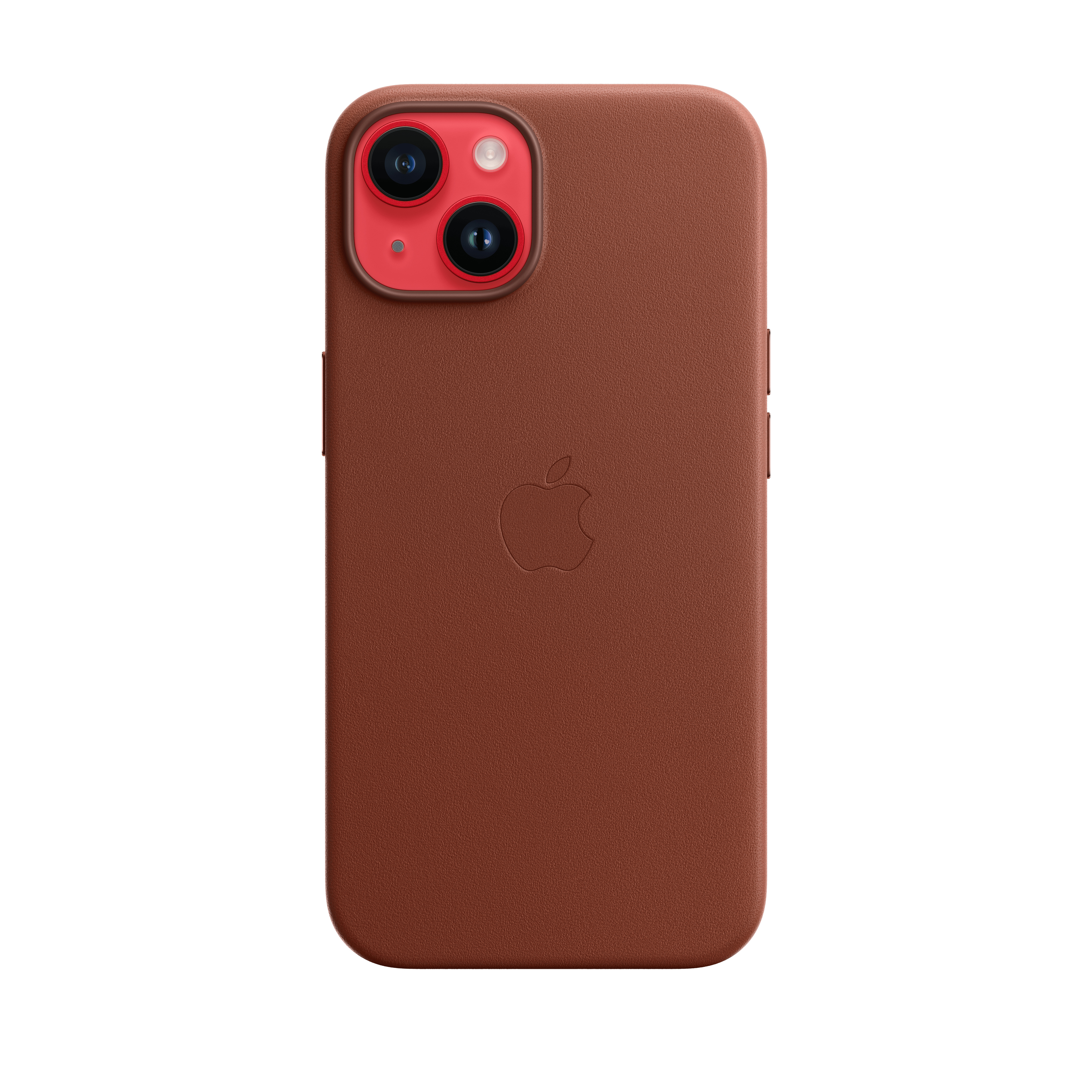 Una custodia per iPhone in pelle marrone con alloggiamento fotocamera rosso. Logo Apple in rilievo. Tasti posteriori e laterali visibili.
