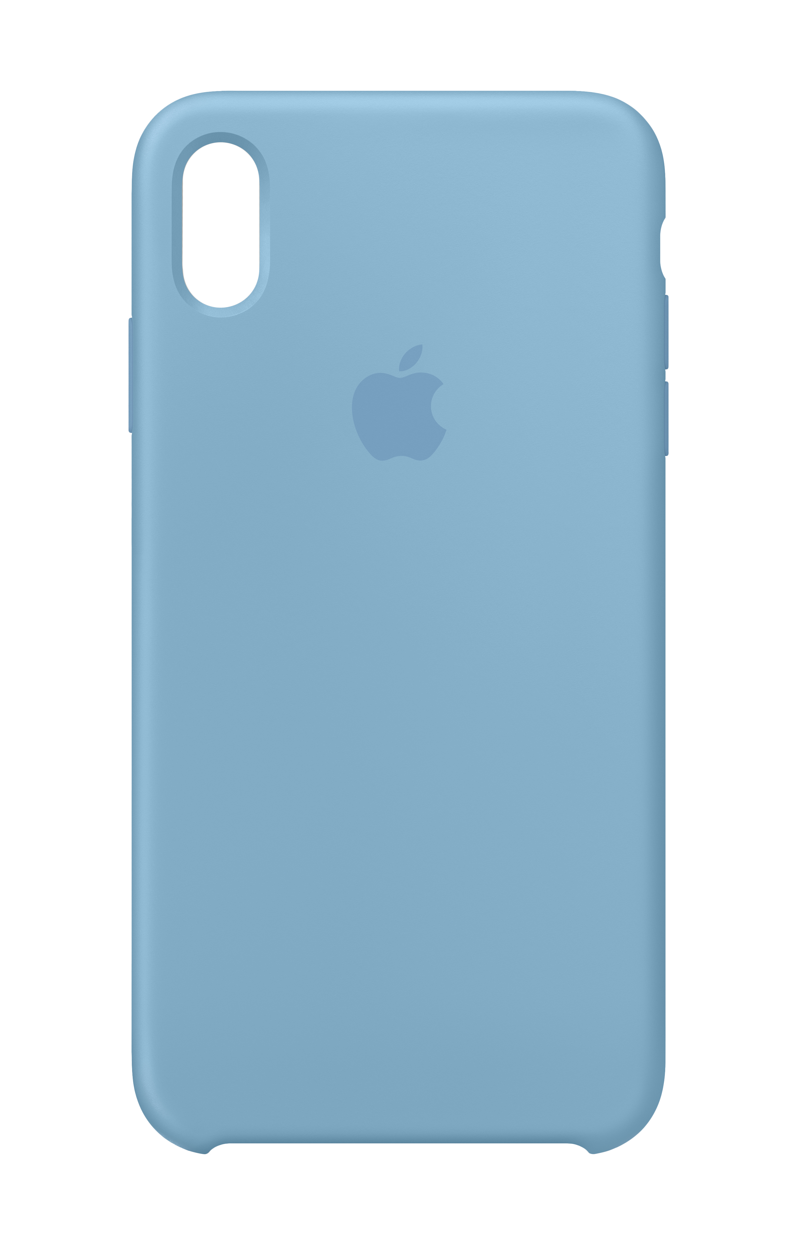 Hellblaue iPhone-Hülle mit Apple-Logo auf weißem Hintergrund.