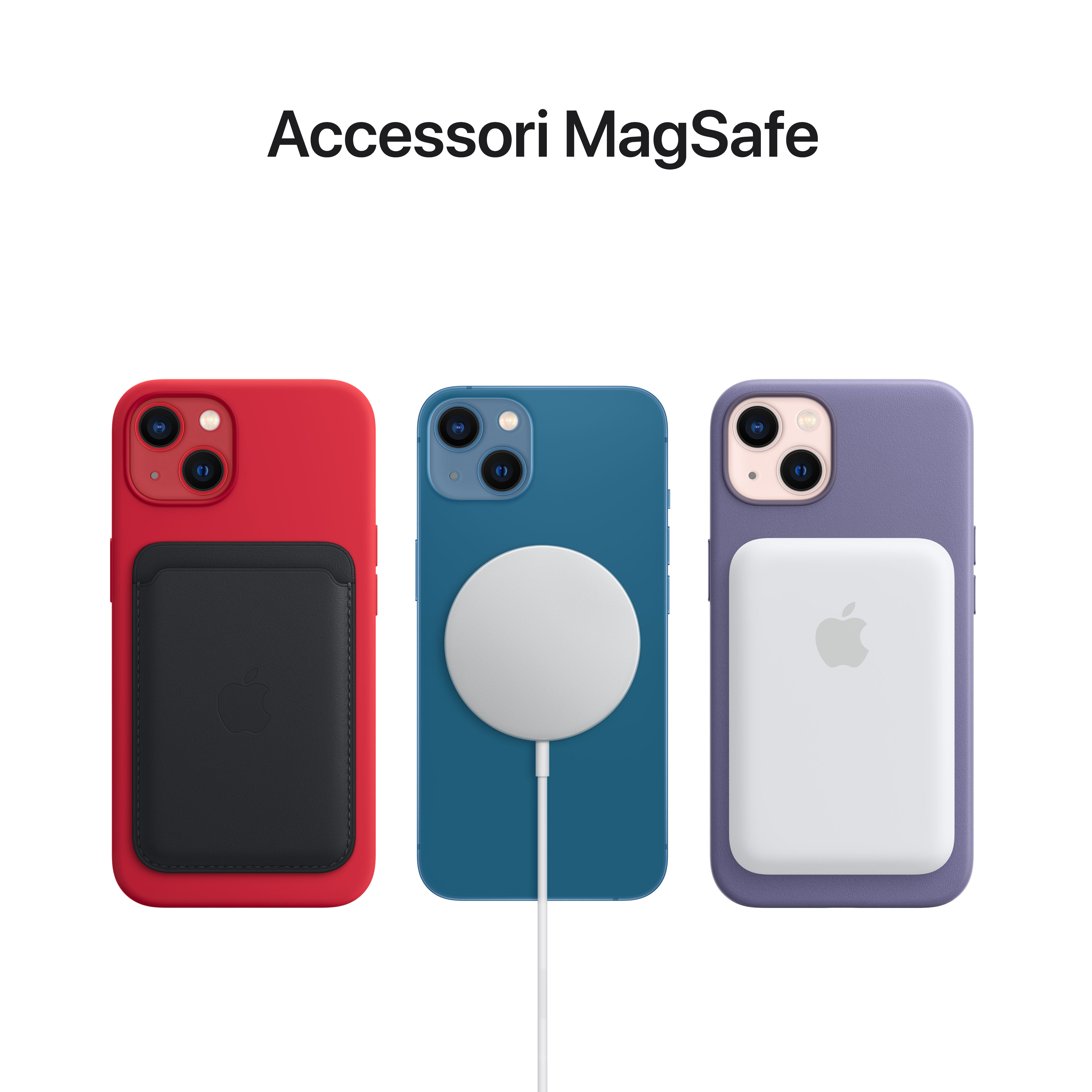 Tre iPhone in custodie con accessori MagSafe. Colori: rosso, blu e viola. Accessori: portafoglio, caricatore e batteria.