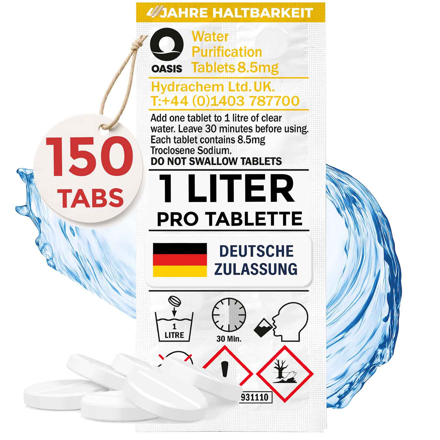 Eine Packung Wasserreinigungstabletten. Ein Etikett zeigt 150 Tabletten an. Anweisungen sind auf Deutsch und Englisch.