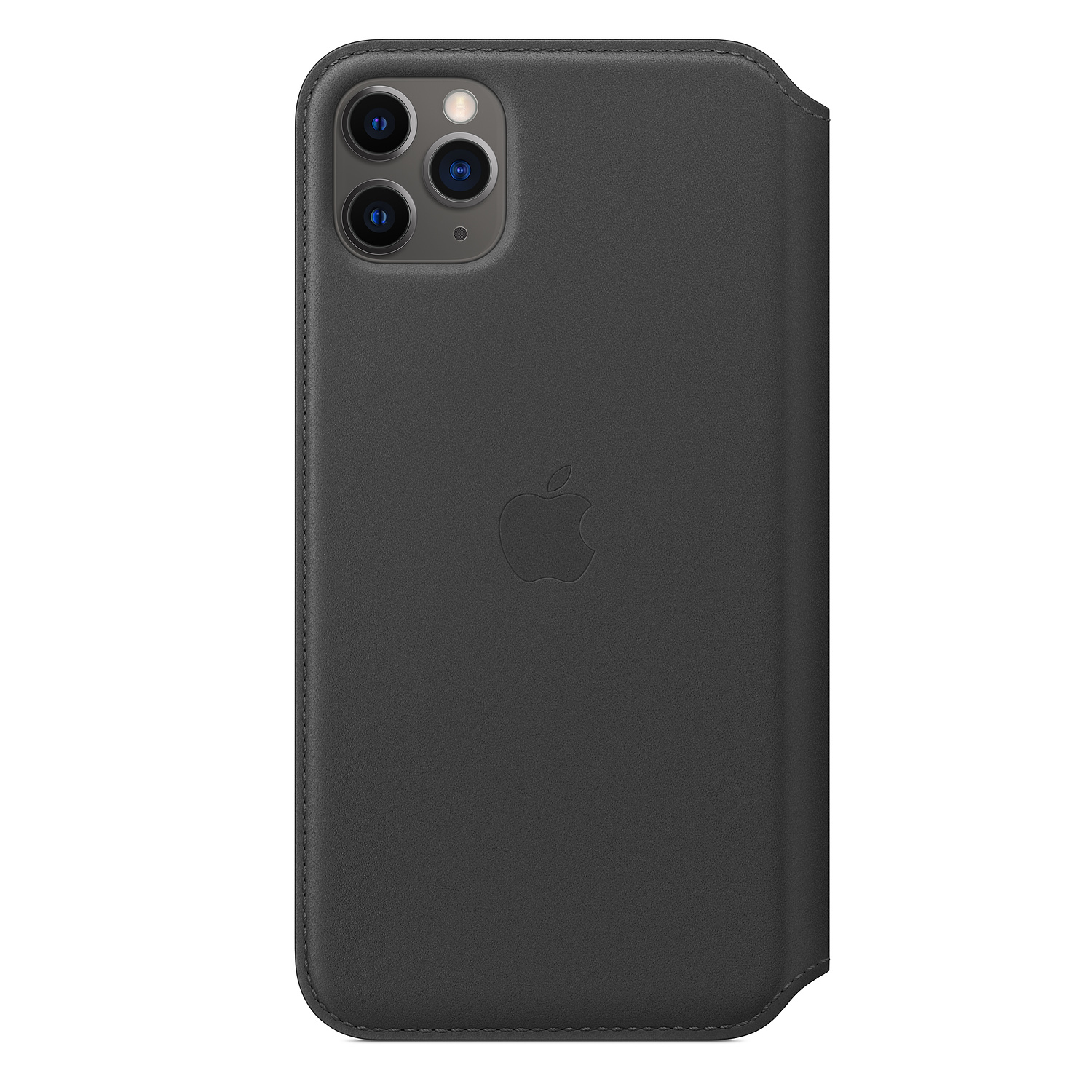 Una custodia per iPhone in pelle grigio scuro. Ha il logo Apple e una serie di fotocamere sul retro.