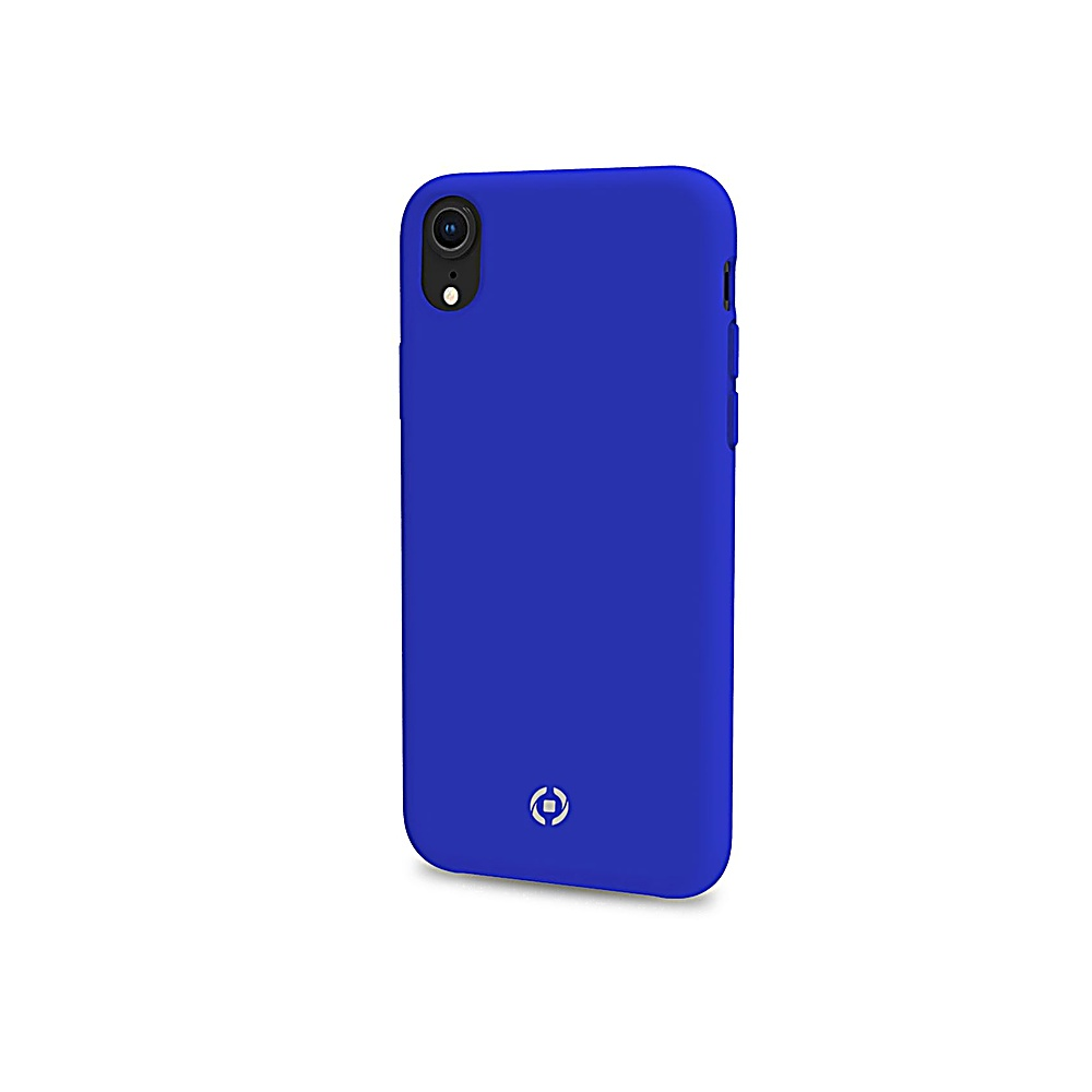 Una custodia blu per telefono su sfondo bianco. La custodia ha un foro per la fotocamera, pulsanti e un logo in basso.