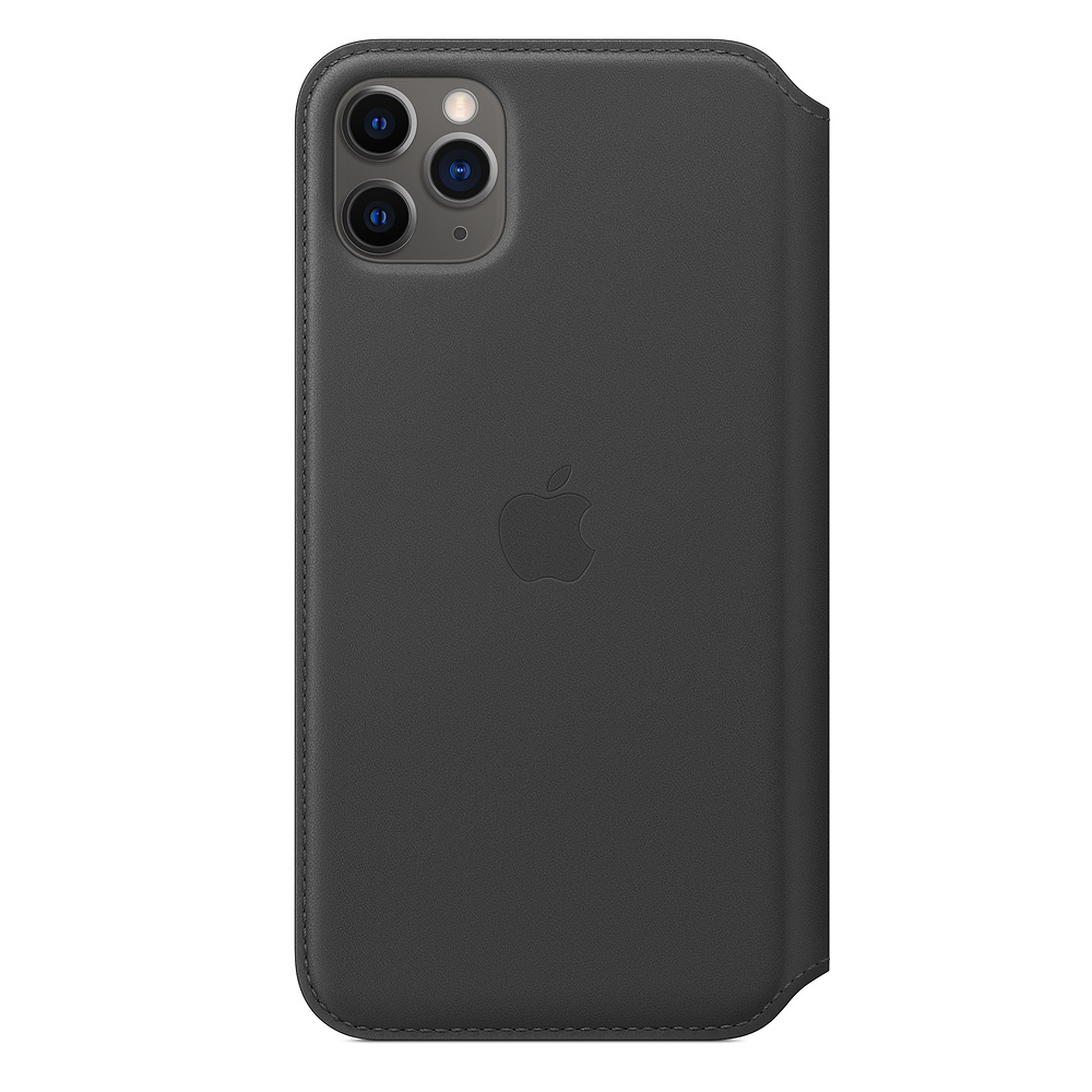Custodia per telefono grigio scuro con logo Apple. Con fotocamere in alto. Texture in pelle visibile. Patta protettiva a destra.