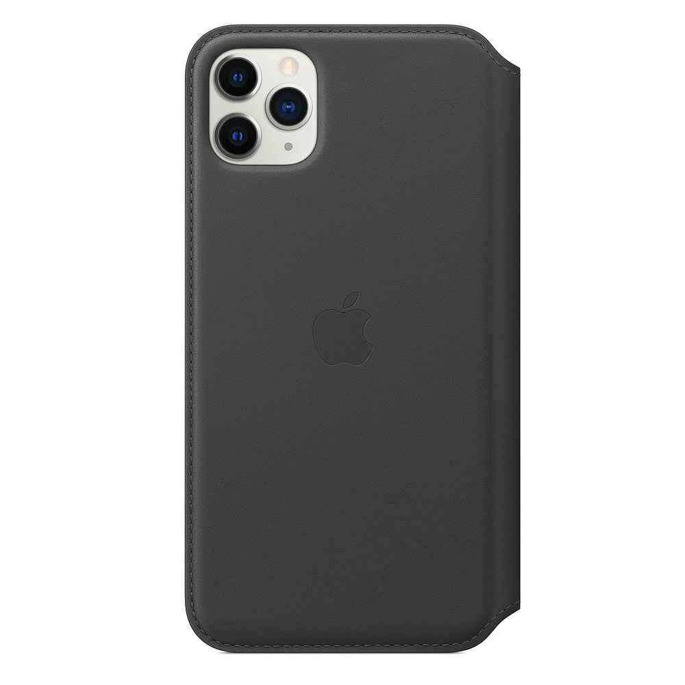 Custodia per iPhone in pelle grigio scuro. Ha il logo Apple e un sistema di fotocamere in alto a sinistra. La custodia è chiusa.