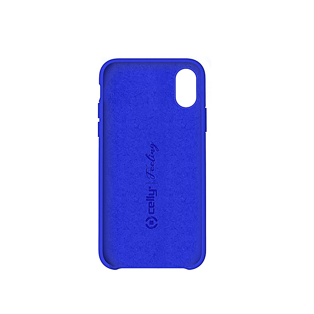 Una custodia blu per telefono con superficie strutturata, progettata per uno smartphone. Il logo Celly Feeling è visibile.