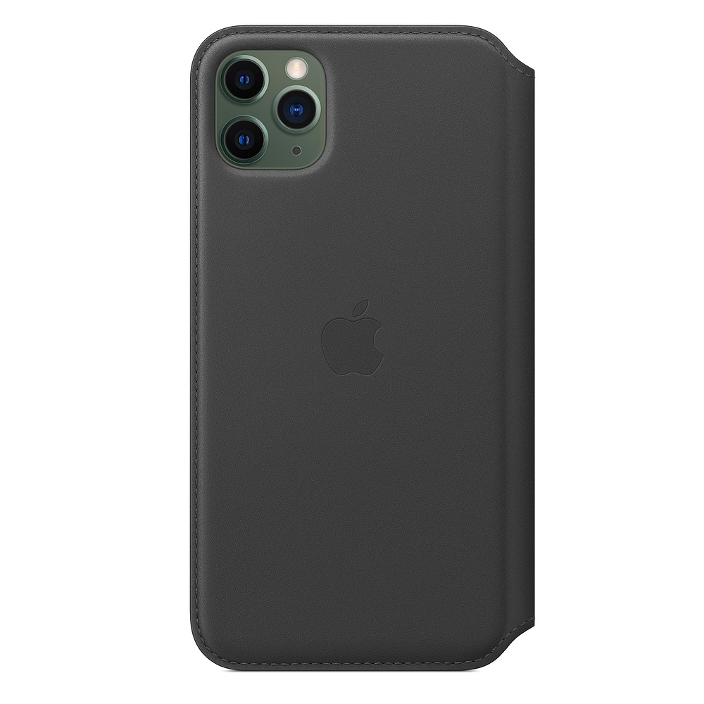 Custodia per iPhone grigio scuro con logo Apple. Tripla fotocamera e flash visibili. La custodia ha un design a portafoglio e bordi cuciti.