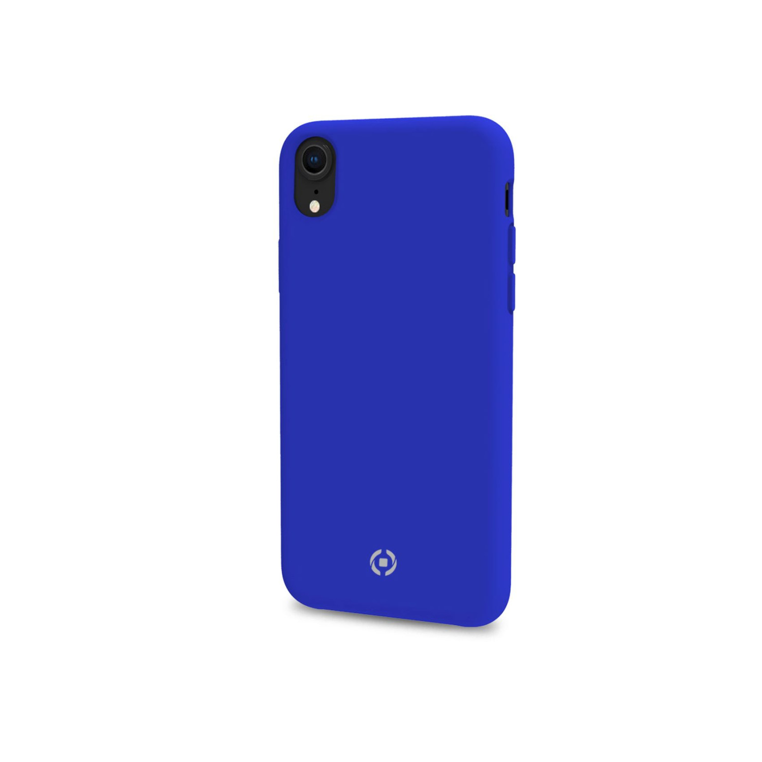 Una custodia blu per telefono è mostrata su sfondo bianco. La custodia ha un foro per la fotocamera, pulsanti laterali e un logo.
